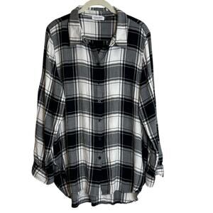 Calvin Klein Womens Plaid Flannel Shirt XL Black White Long Sleeve